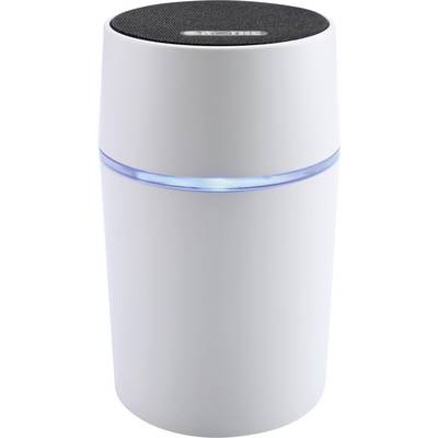 A white, cylindrical air purifier with a blue illuminated ring in the centre, indicating its operational status.