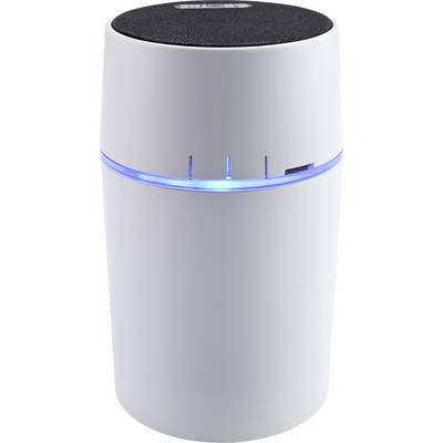White, cylindrical Bluetooth speaker with a blue-illuminated ring in the centre, showcasing a wireless audio device design.