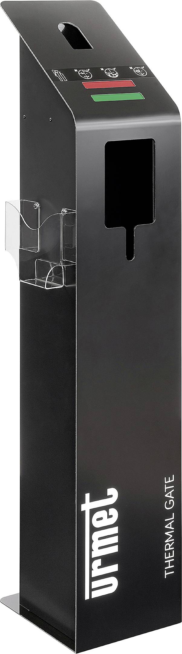 Black thermal scanner with display and sensor, showing the 'Urmet Thermal Gate'. Used for temperature measurement in public areas.
