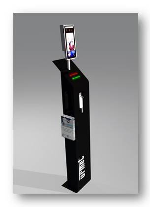 A black, upright monitor stand with a screen on top, a card reader in the middle, and a USB port underneath.
