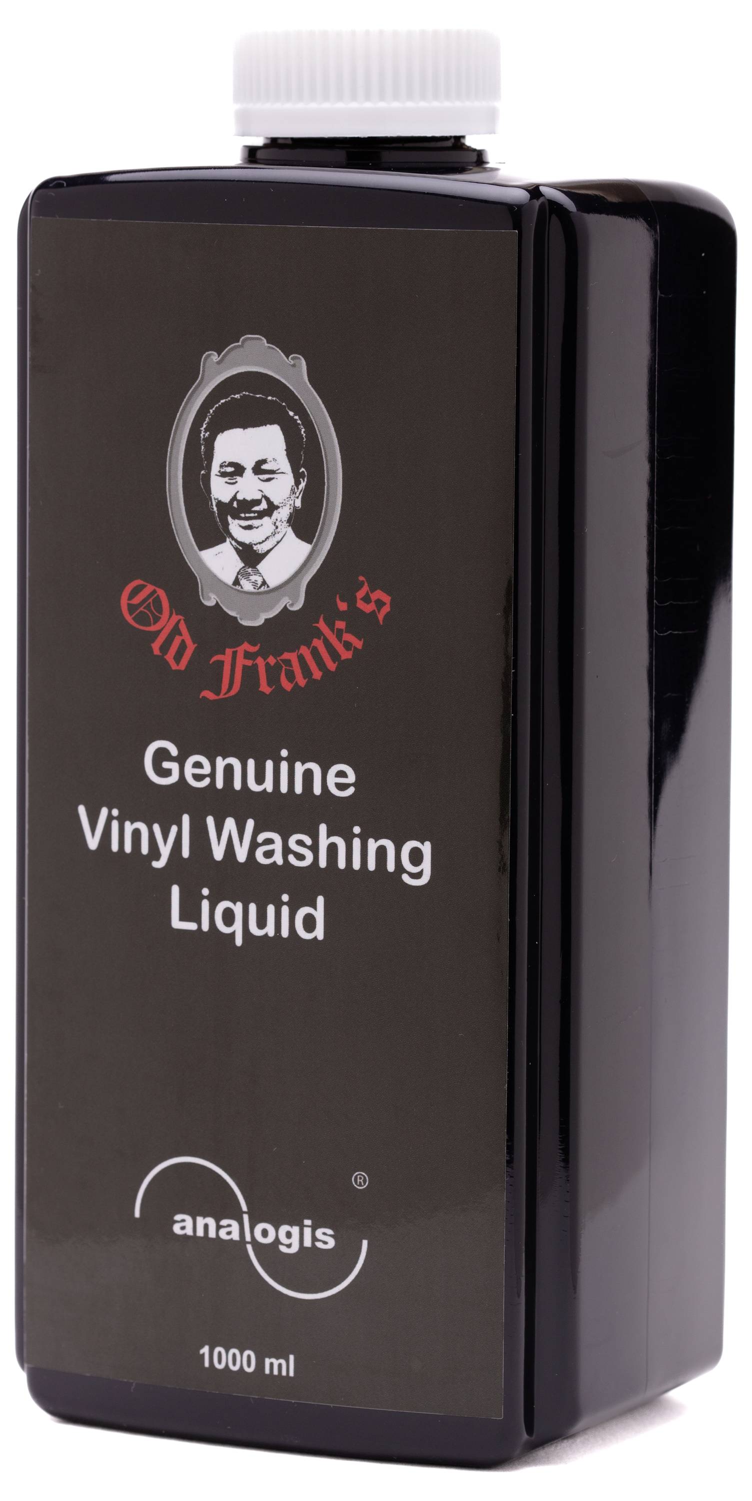 Black bottle with the inscription 'Old Frank's Genuine Vinyl Washing Liquid', 1000 ml. Used for cleaning vinyl records.