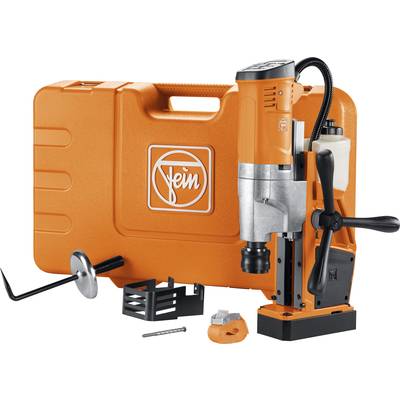 Drill in orange with matching carry case, oil bottle and accessories. Brand logo visible. Suitable for professional work.