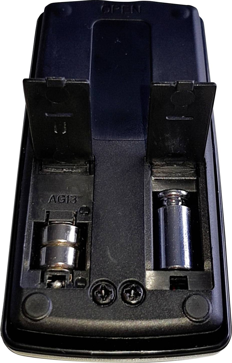 Remote control with open battery compartment, showing two empty slots for button cells, one of which is engraved with 'AG13'.