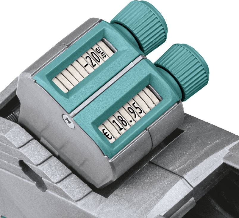 'Display of a device with two green sliders showing '-20%' and 'EUR 18.95'.'