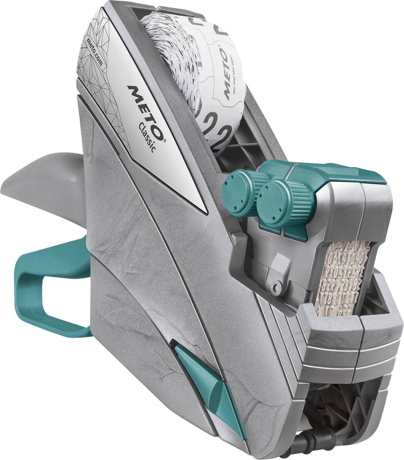 Hand label printer in grey and turquoise, with visible roll and adjustment buttons, suitable for applying price labels.