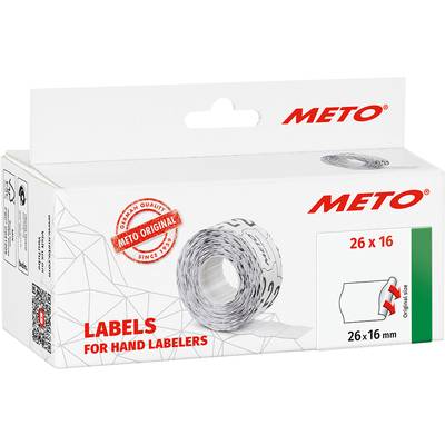 A box of Meto label rolls, suitable for hand labellers. Printed with 'Labels for Hand Labellers', size 26x16 mm.