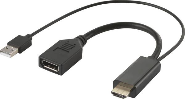 Renkforce RF-4777274 HDMI / DisplayPort Adapter cable [1x HDMI plug, USB 2.0 connector A - 1x DisplayPort socket] Black 4K UHD 0.15 m