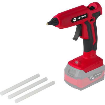 Cordless red hot glue gun by Toolcraft with three glue sticks. Ideal for precise gluing in DIY projects.