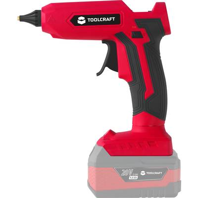 Cordless drill in red and black with 'Toolcraft' logo, 20V battery indicator.