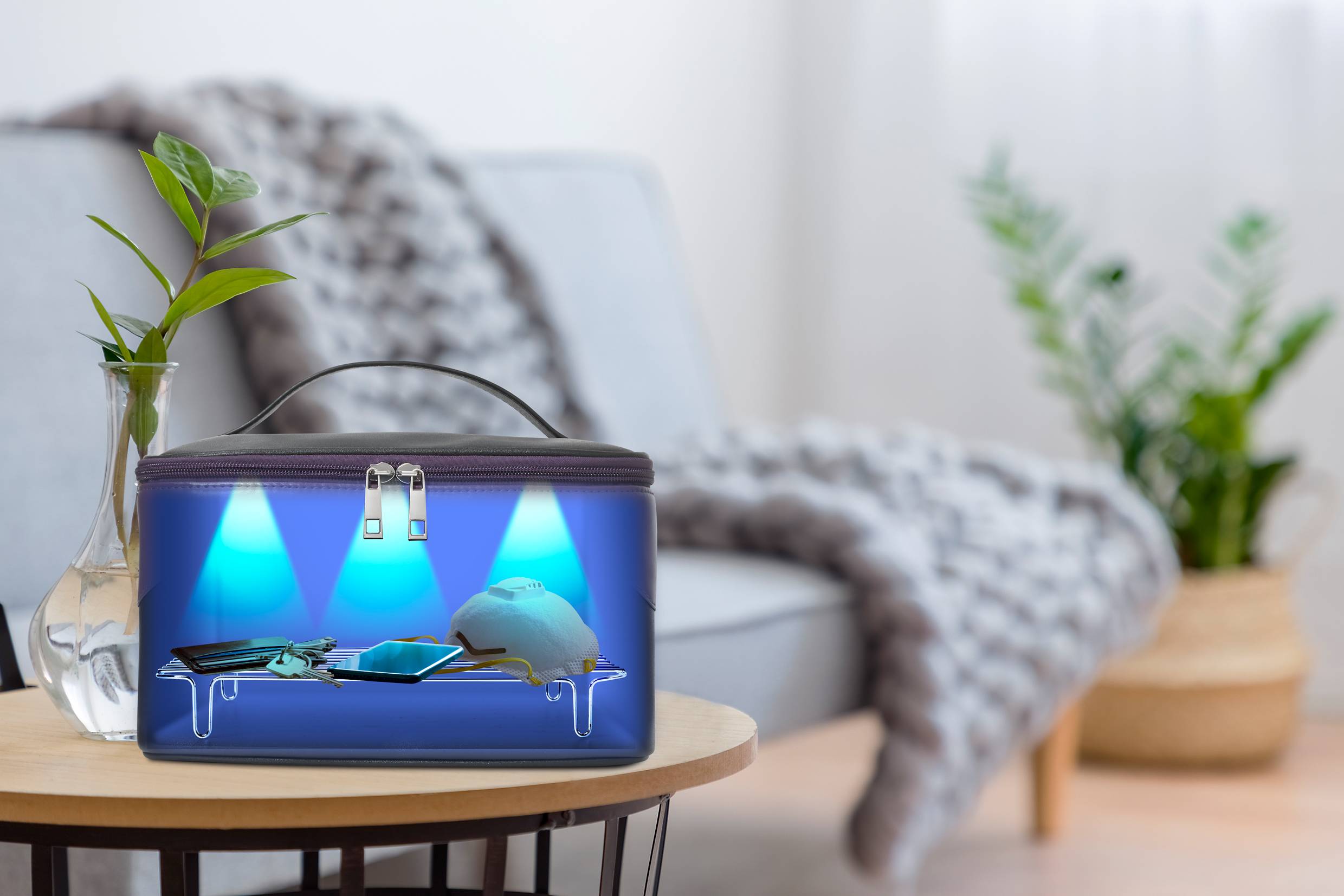 A transparent bag with blue light content sits on a table. In the background, a sofa and plants can be seen.