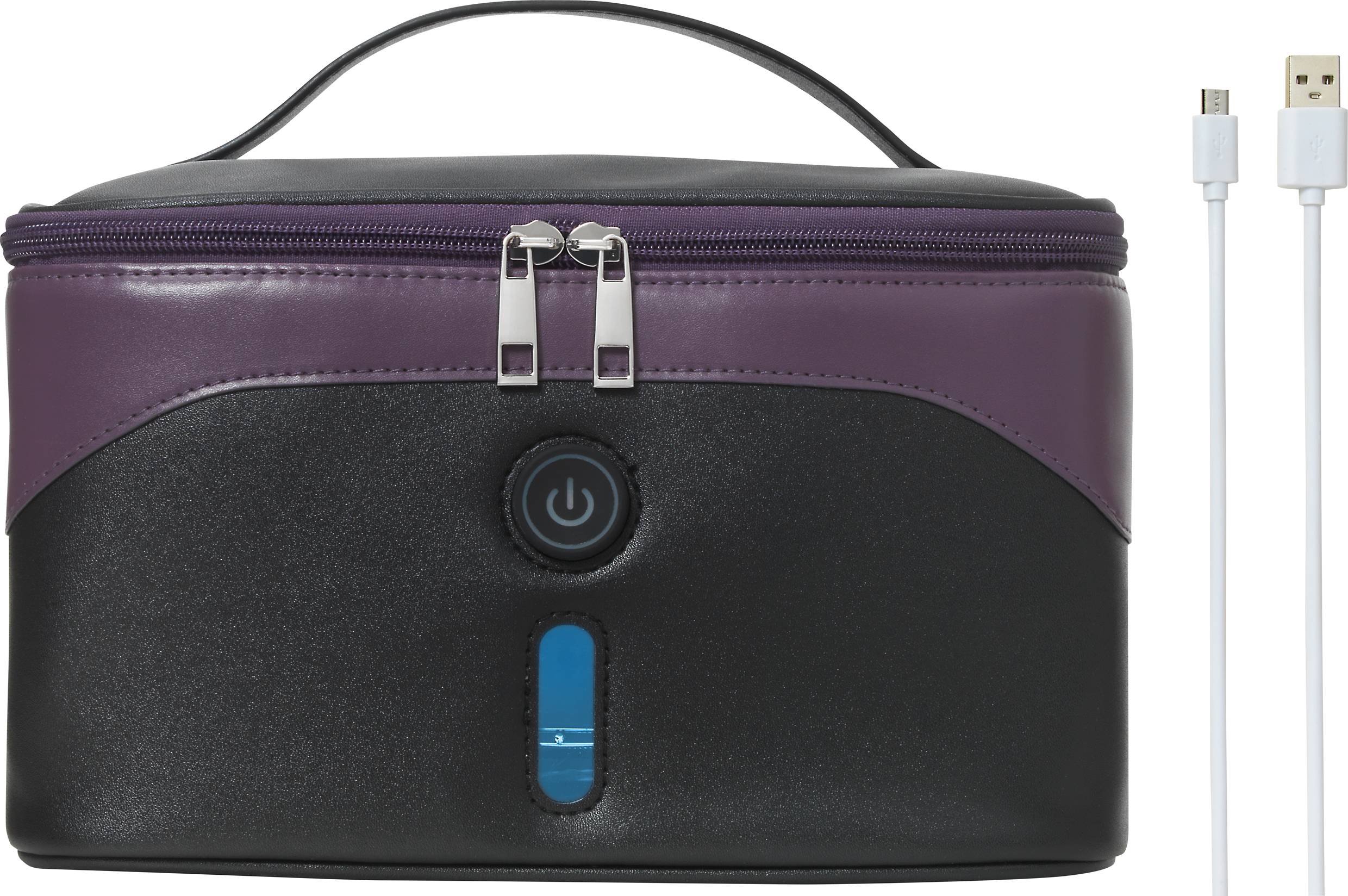 A black leather box with a purple accent, featuring switches and an entry point at the front. Beside it is a USB charging cable. Potentially used for disinfection or secure storage of items.