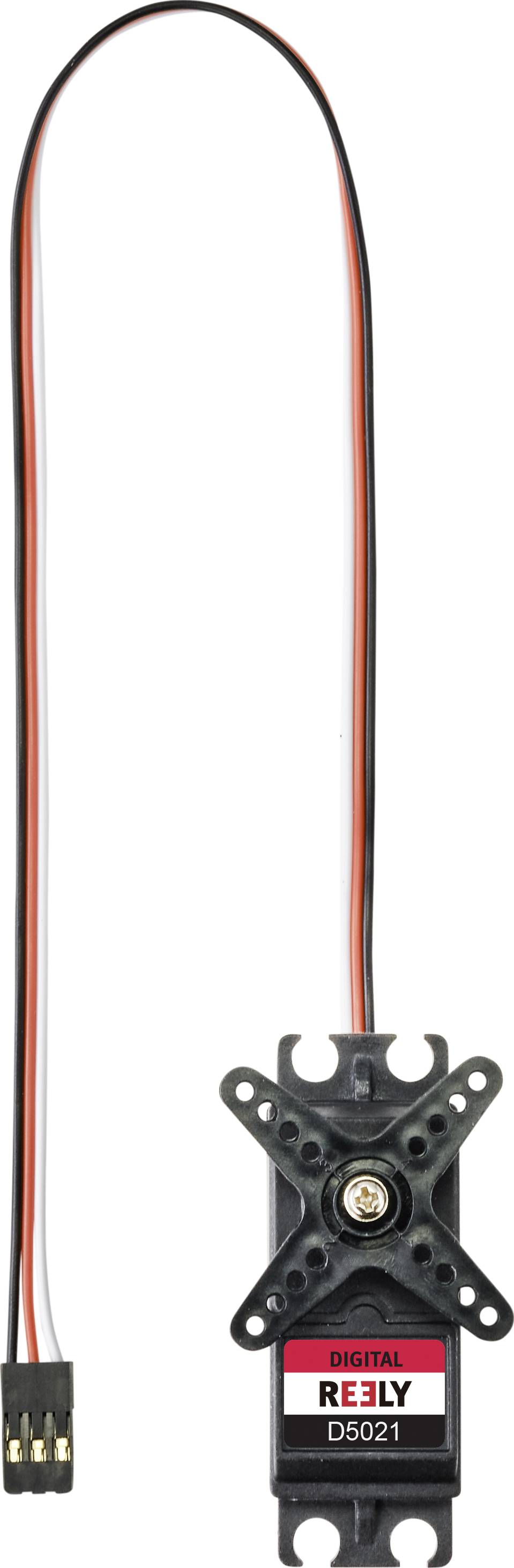 Servo motor with connection cable and plug connector, labelled 'DIGITAL REELY D5021' on the housing, suitable for model building.