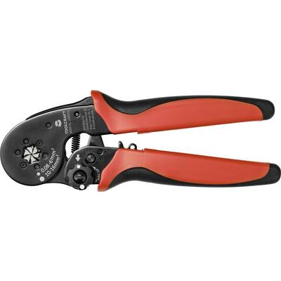 Crimping pliers with a red handle, suitable for cable sizes 0.08-10.5 mm², side view, made of metal and plastic.