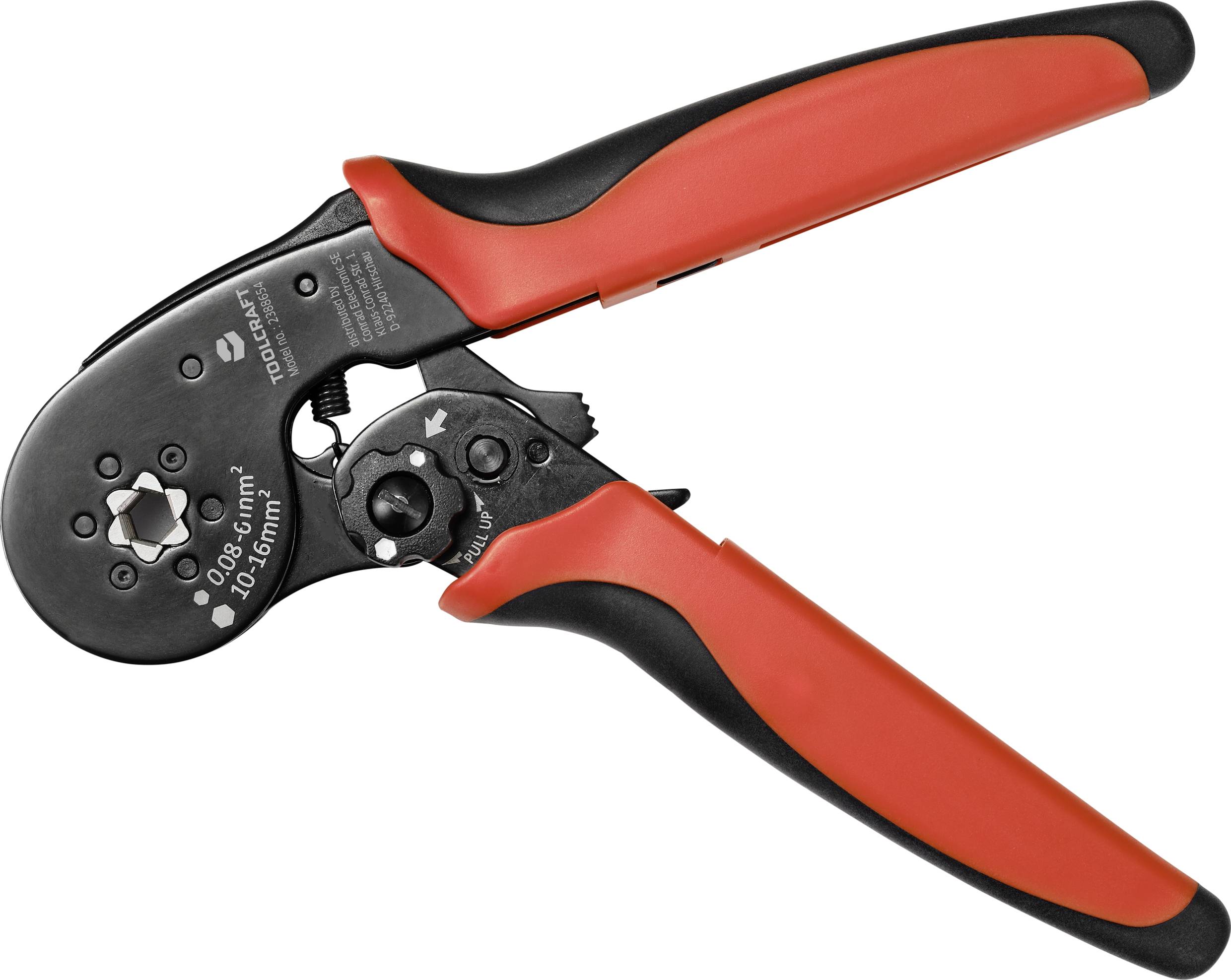 Wire strippers and crimping pliers with red handles for stripping and crimping cables. The pliers display scales for different cable sizes.