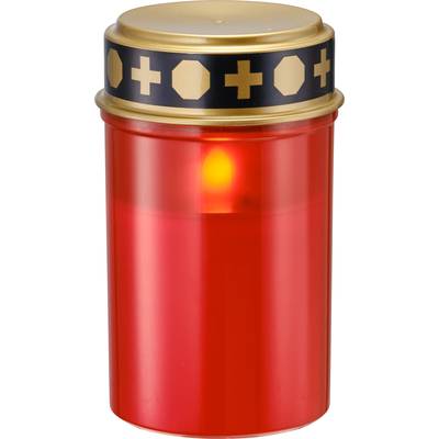 Red grave light with a golden lid and black band with golden crosses. A flame glows within.