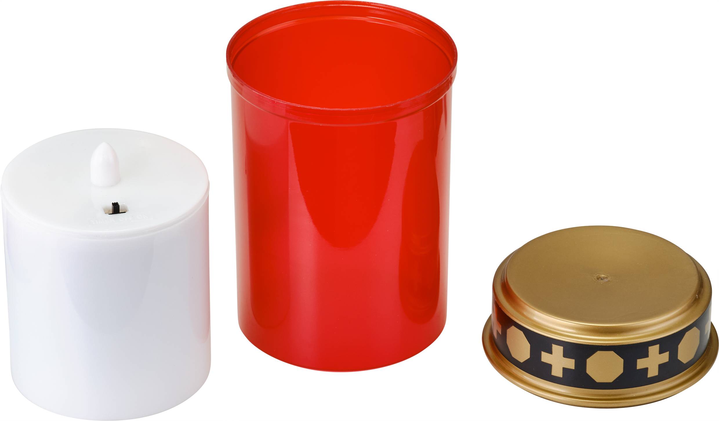An electric memorial candle with a red casing, white LED light, and a removable gold-coloured lid featuring cross symbols.