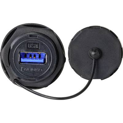'Black USB port with blue interior colour and removable, round protective cover; usable for data or power connections.'