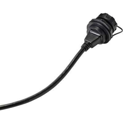 A black cable with a robust, waterproof plug, suitable for outdoor use or damp environments.