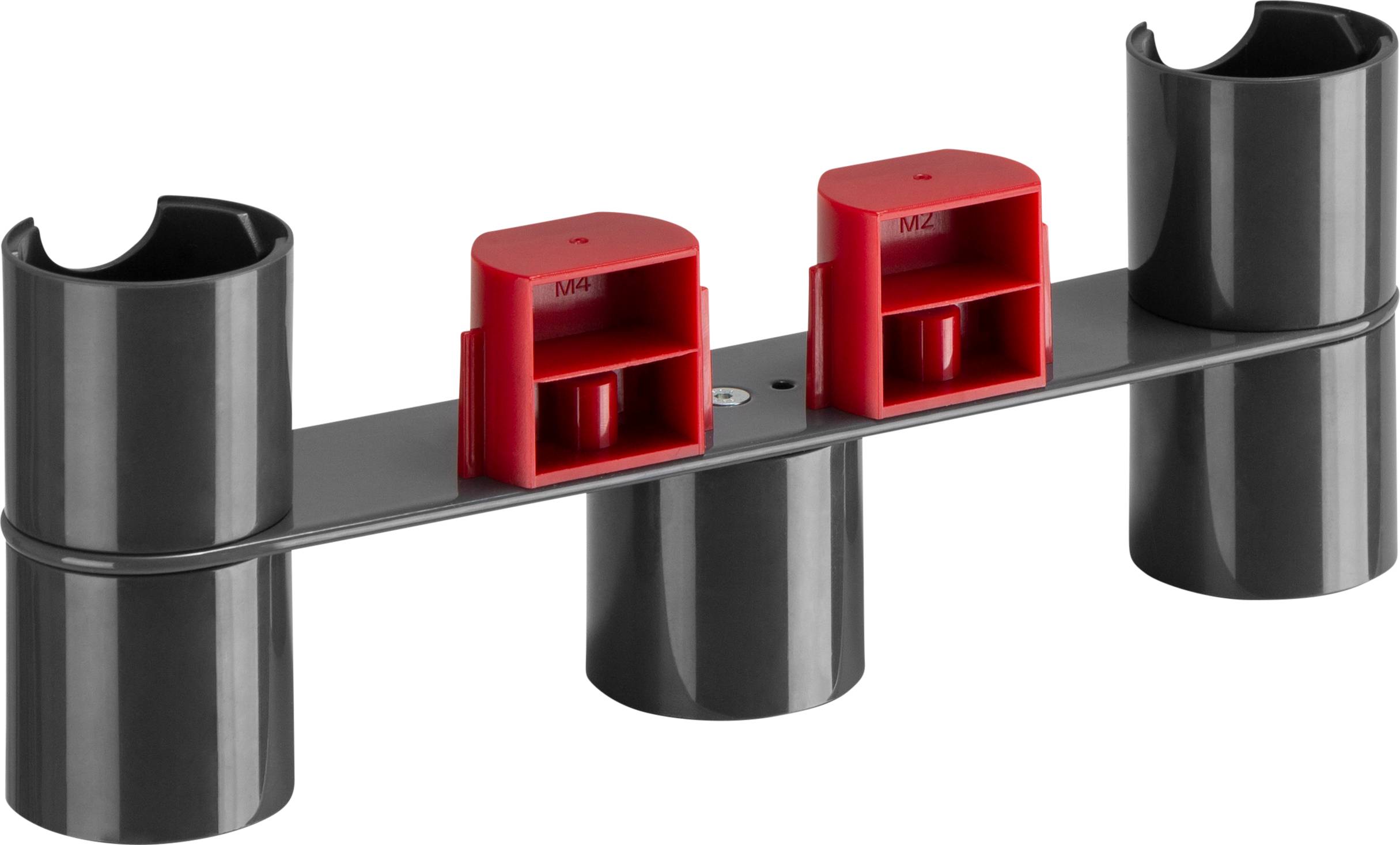 A grey plastic bracket with four vertical tubes and two red, rectangular inserts in the centre.