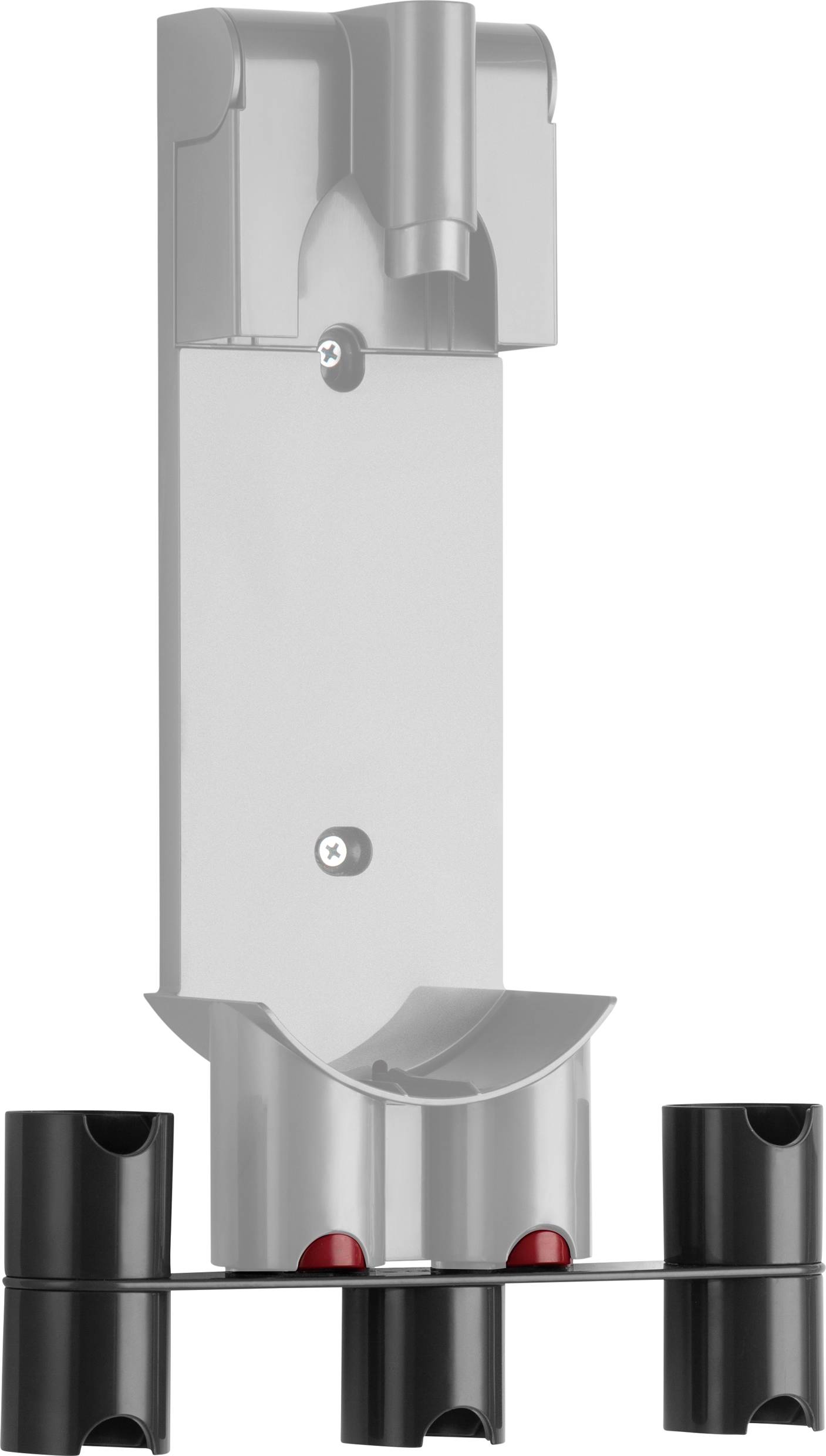 Wall mount for a vacuum cleaner with three accessory attachments, made of plastic, for space-saving storage.