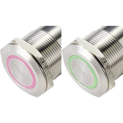 Two stainless steel buttons, one with a pink LED and one with a green LED, display different status indicators.