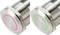 Two stainless steel buttons, one with a pink LED and one with a green LED, display different status indicators.