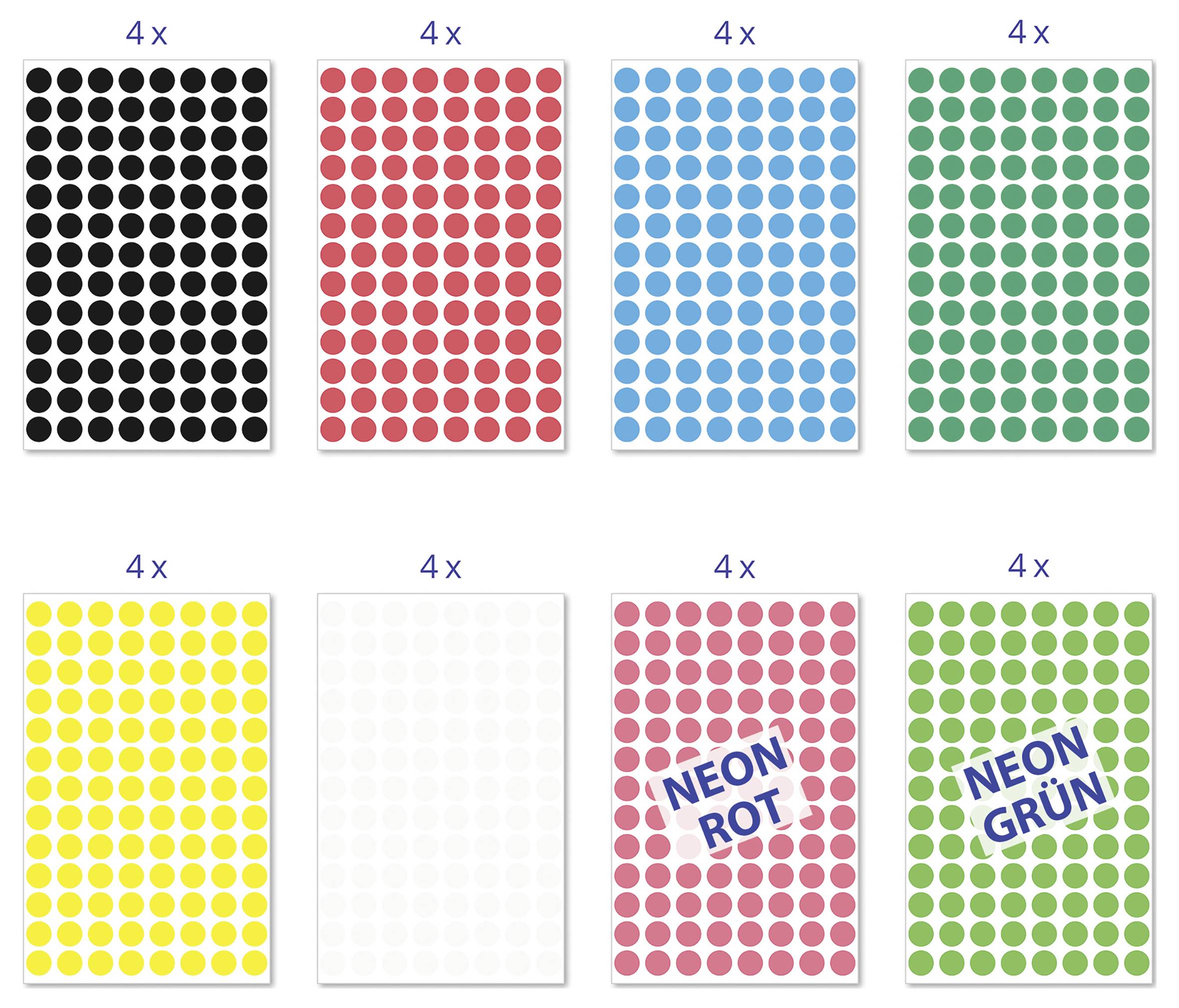 Overview with eight cards made from coloured dot patterns, each with '4 x'; below two cards with the inscriptions 'NEON RED' and 'NEON GREEN'.