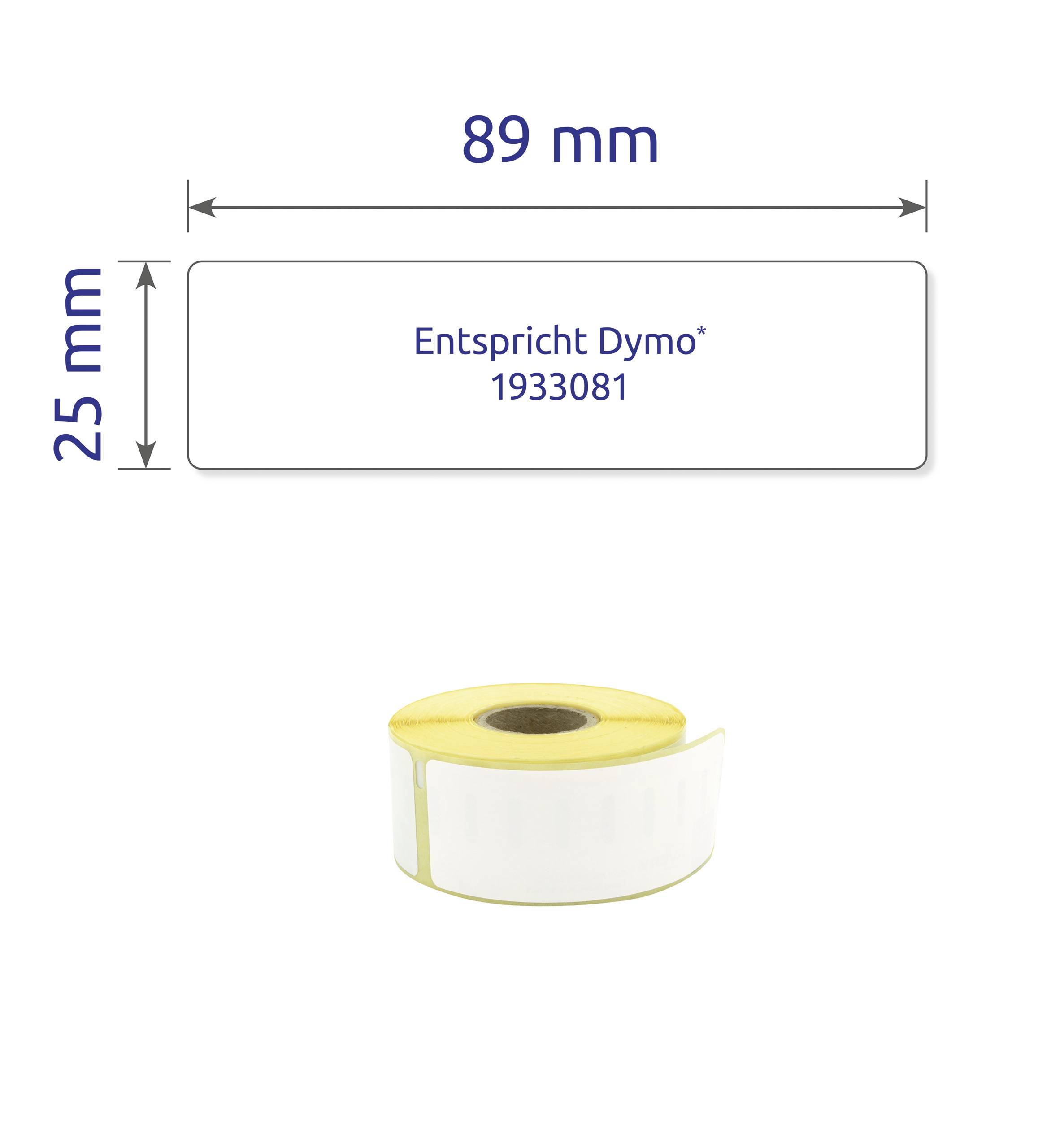 Label roll, 89 mm x 25 mm, with text 'Equivalent to Dymo 1933081'.