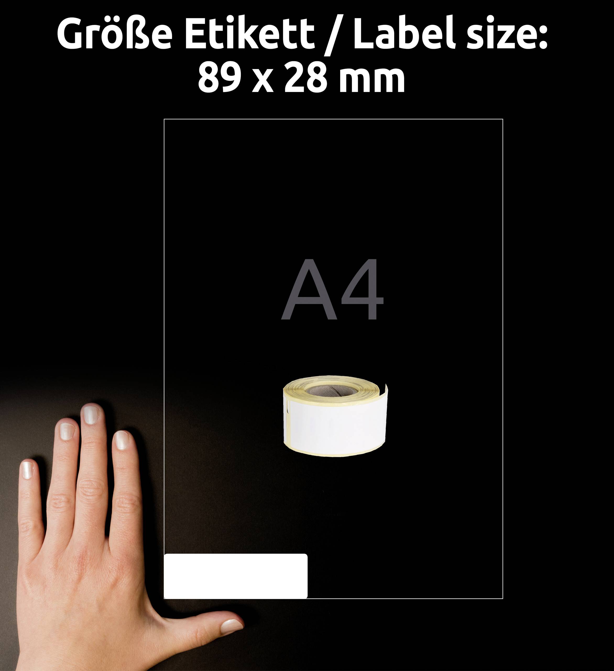 A hand next to a roll of labels on a black background. Text at the top reads 'Label size: 89 x 28 mm', with a DIN A4 marking beside it.