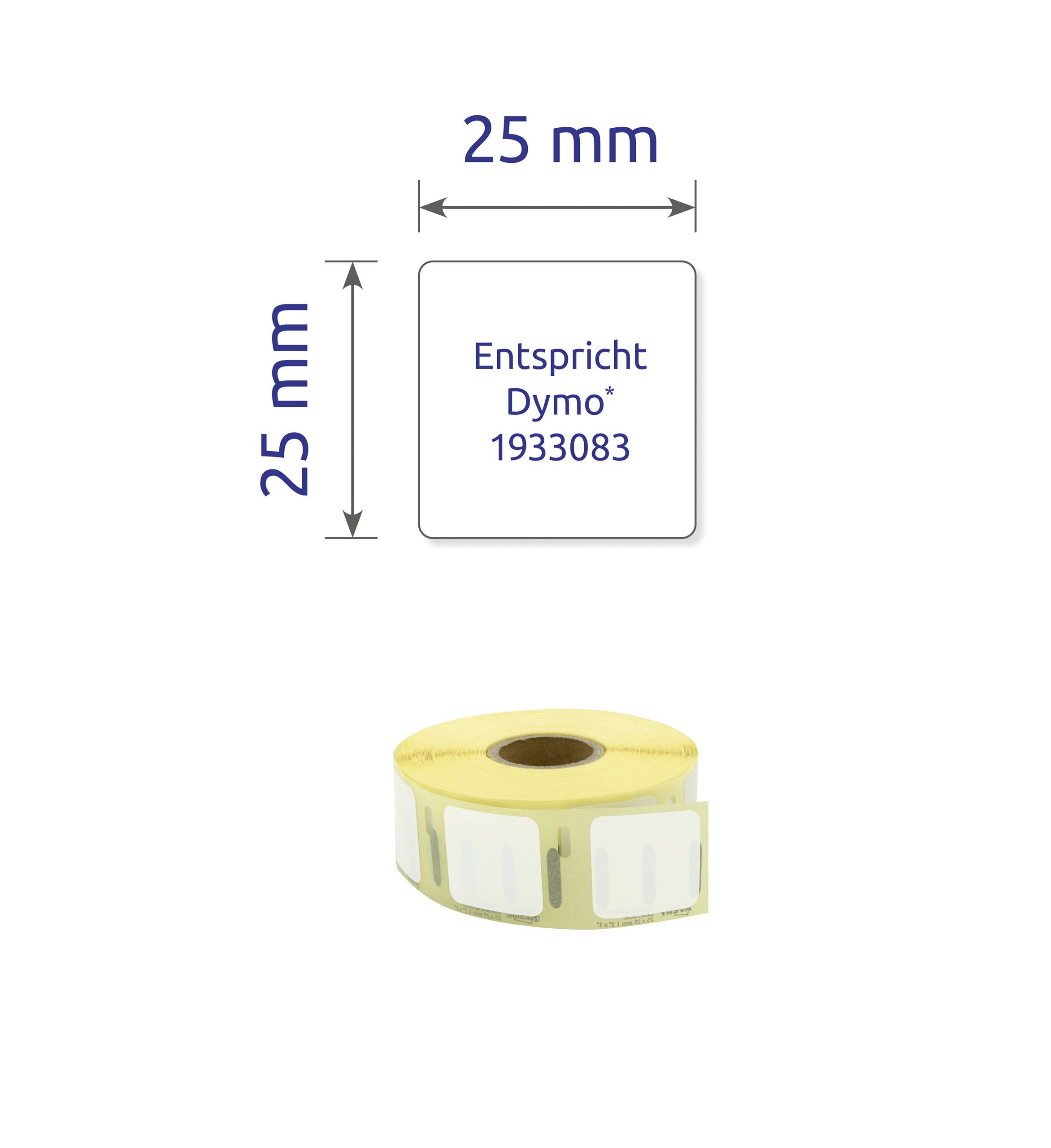 Label roll, compatible with Dymo 1933083. Each label is 25 mm x 25 mm in size, white labels on a roll pictured.