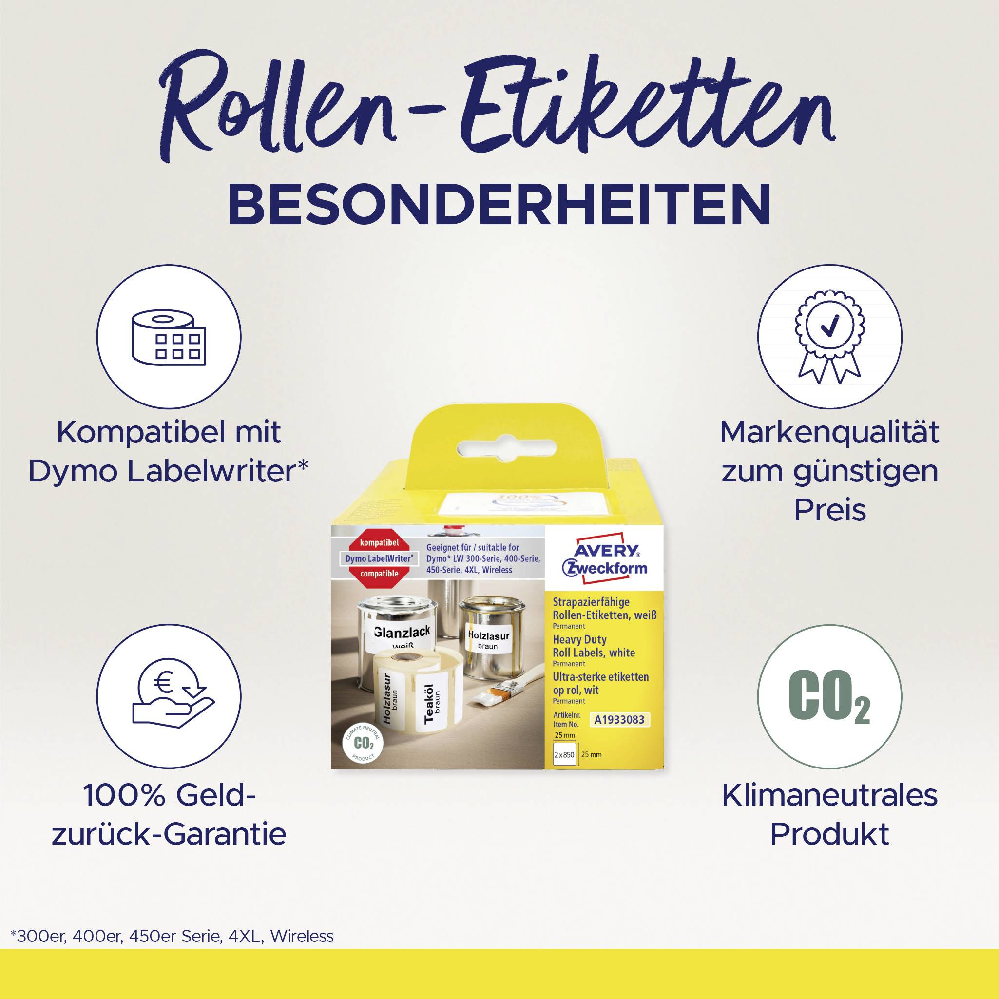 'Roll Labels Distinctive Features' with four symbols: Compatible with Dymo Labelwriter, Brand Quality, 100% Money-back Guarantee, Climate Neutral. Product photo in the centre.