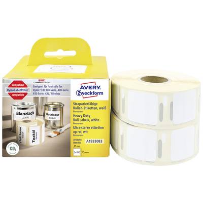 Two rolls of white, durable labels are positioned next to an Avery Zweckform packaging for thermal printers.