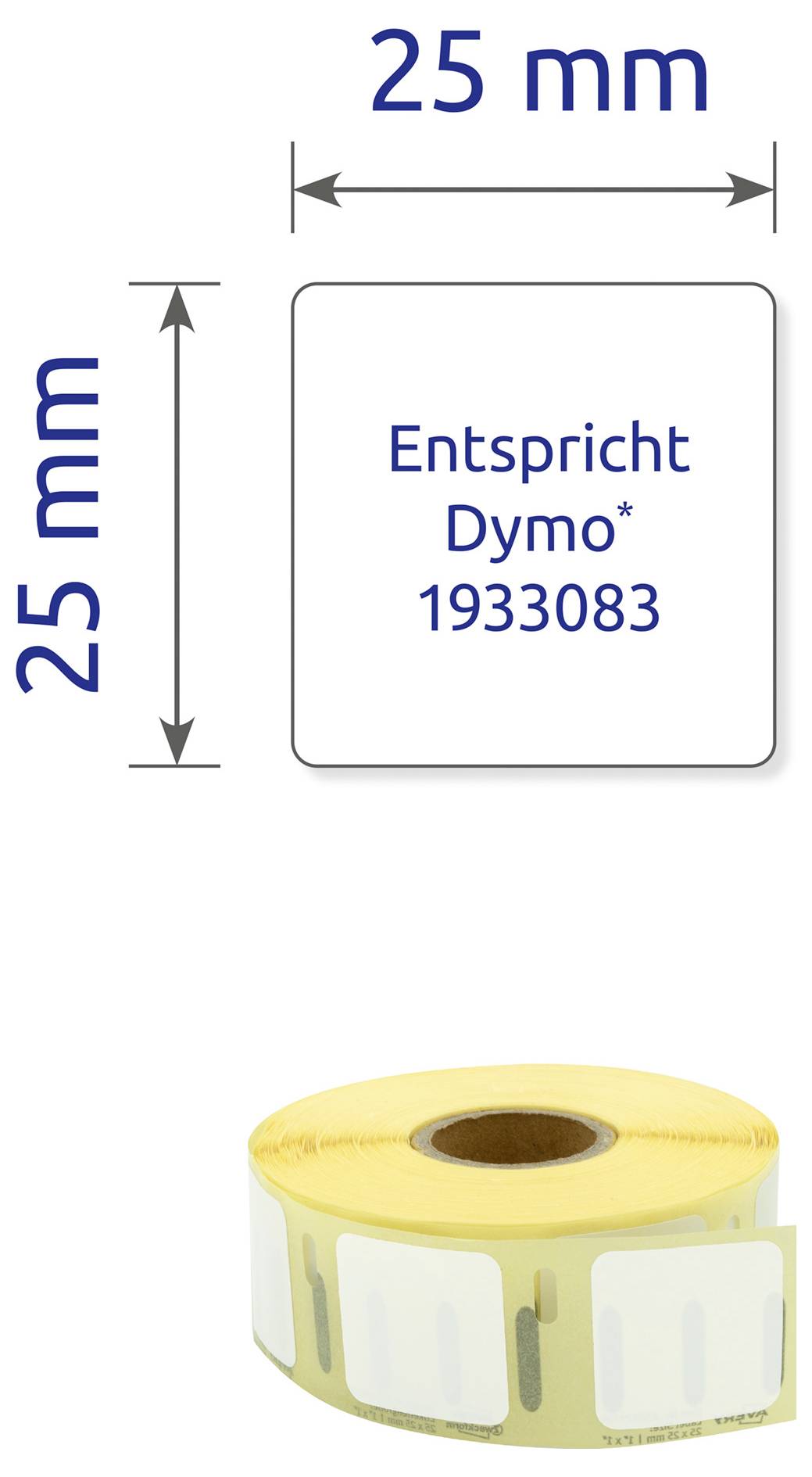 Label roll with square 25 mm labels; labelled example 'Corresponds to Dyno 1933083' and dimensions 25 mm width and height.