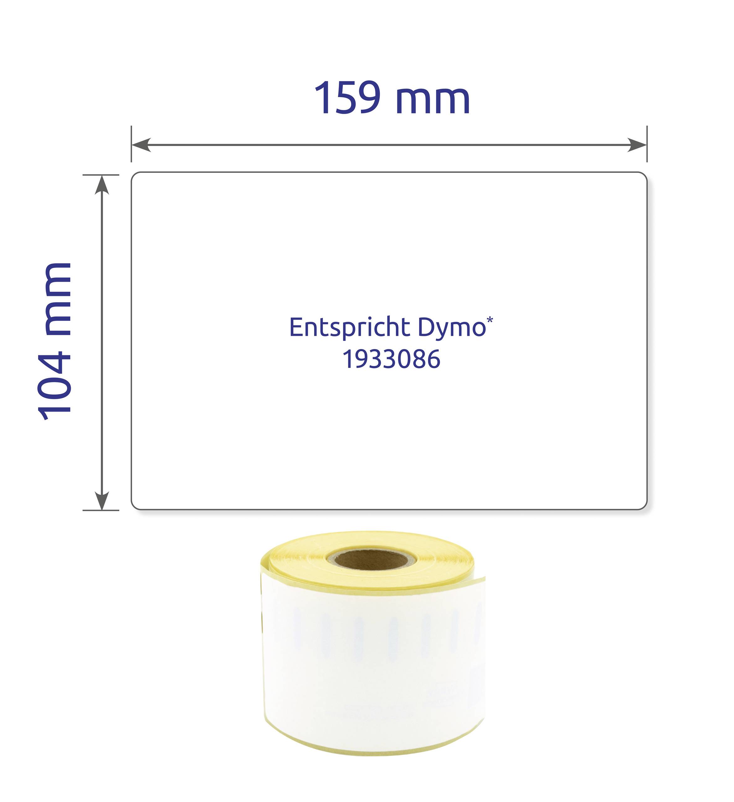 White label roll, 159 mm x 104 mm, with text 'Corresponds to Dymo 1933086' on the label.
