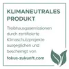 'Climate-neutral product. Greenhouse gas emissions offset and certified through verified climate protection projects by fokus-zukunft.com.'