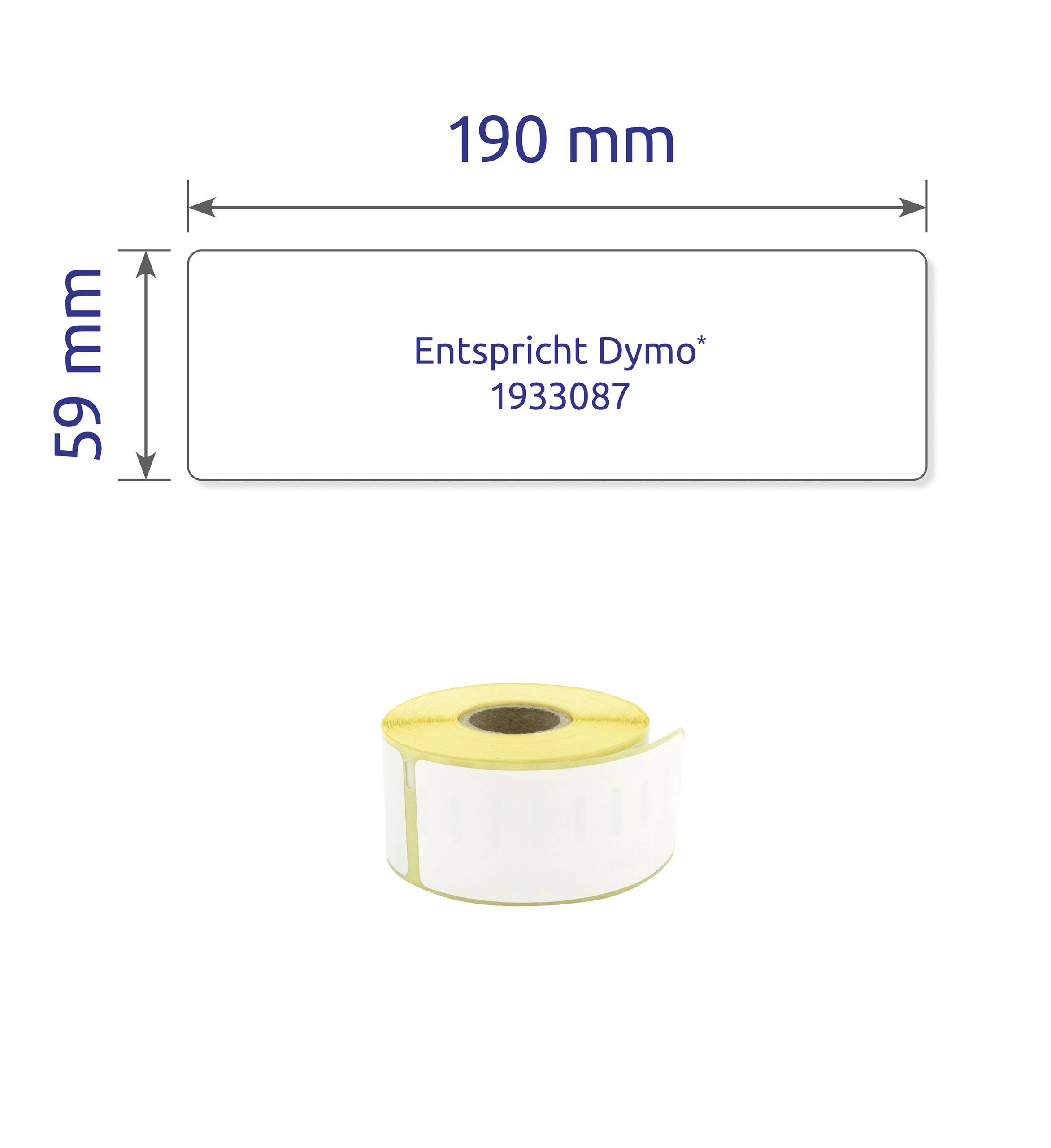 Label roll with dimensions 190 mm x 59 mm, compatible with Dymo 1933087. Shows a single rolled label roll.