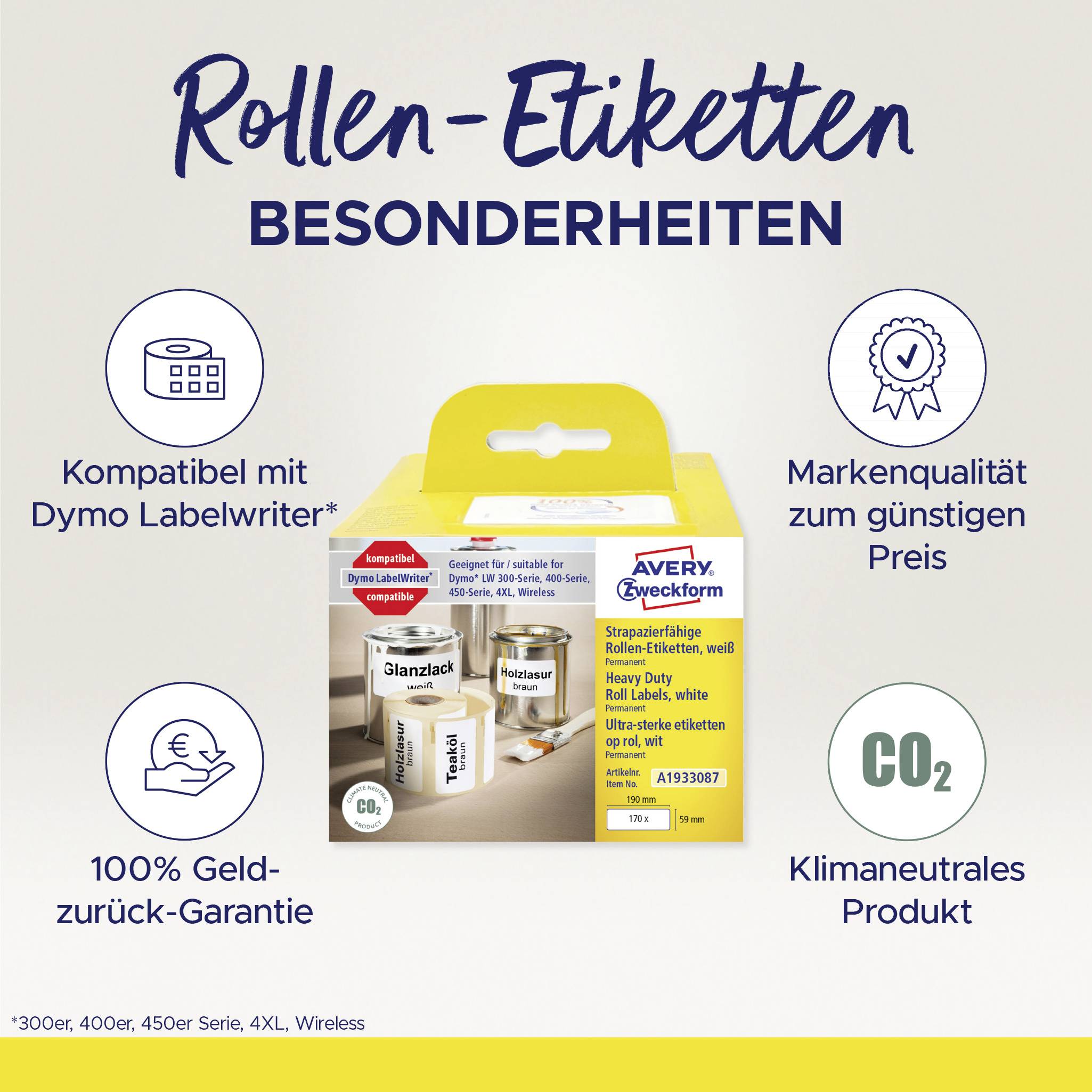 'Roll Labels Special Features: Compatible with Dymo Labelwriter, 100% Guarantee, Brand Quality, Carbon Neutral Product, Competitive Price.'