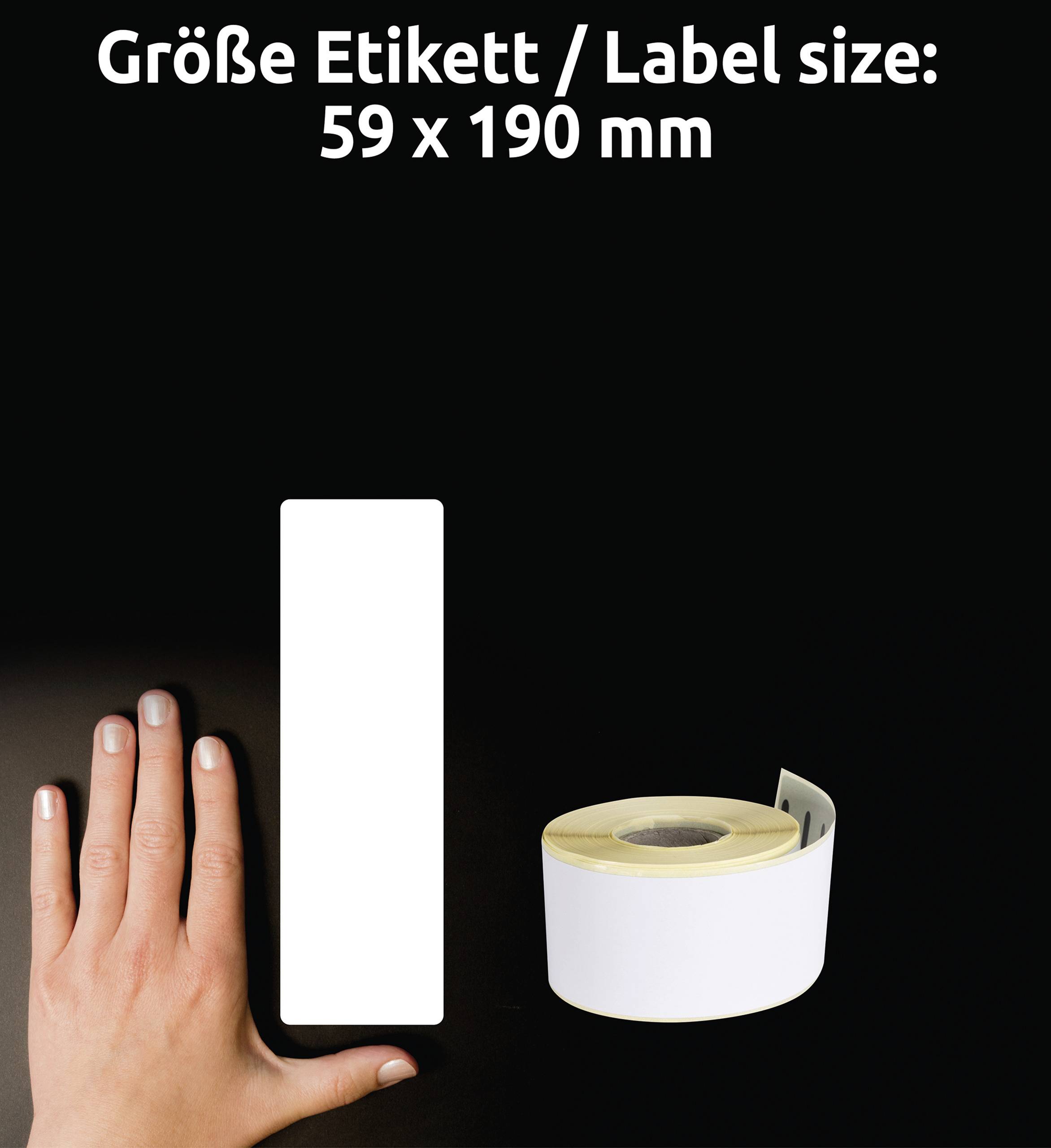 'Label size: 59 x 190 mm' shows left hand with label, with label roll underneath, against a black background.