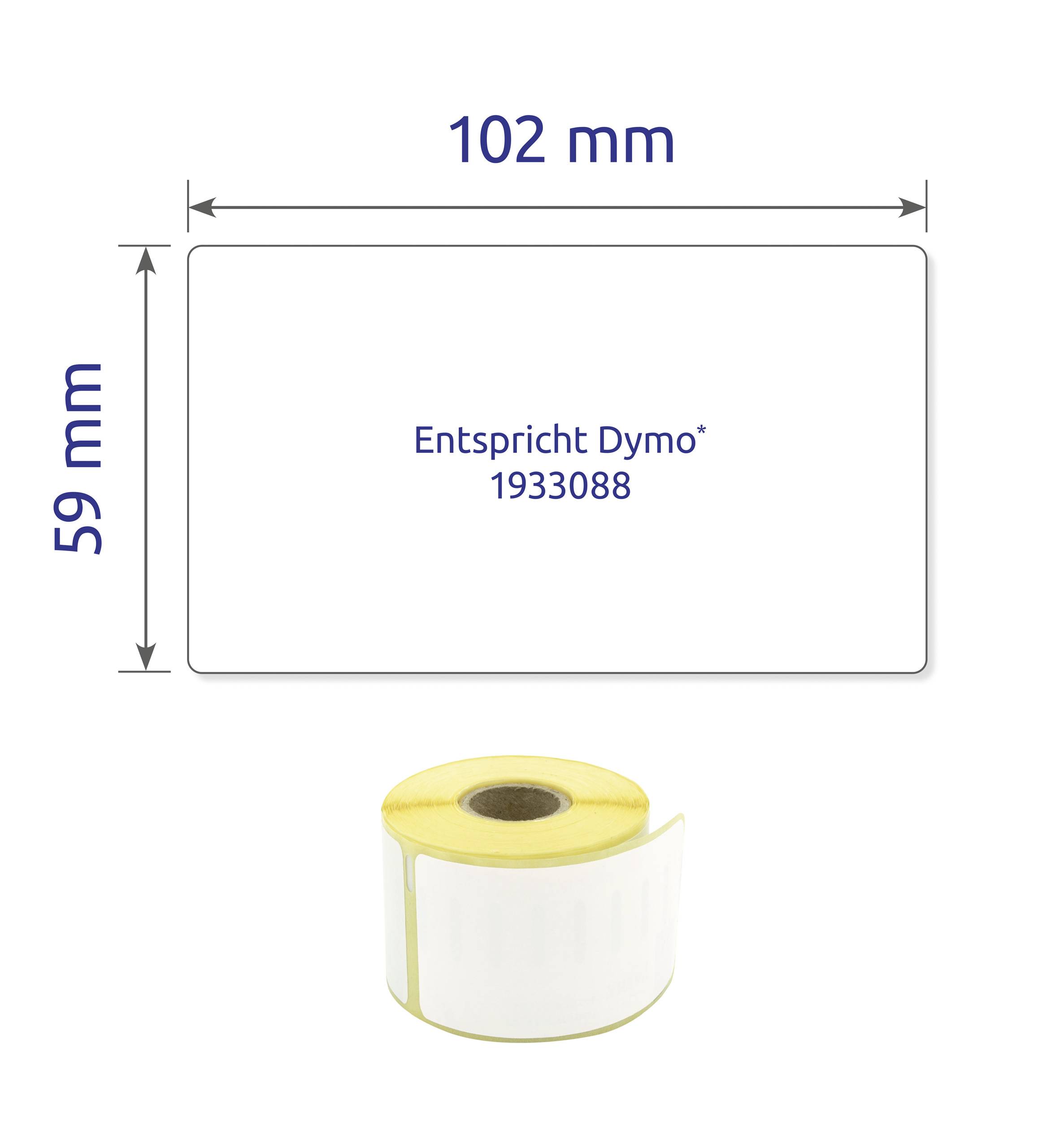 Label roll with dimensions 102 mm x 59 mm. Inscription: 'Matches Dymo 1933088'. Roll of white labels.