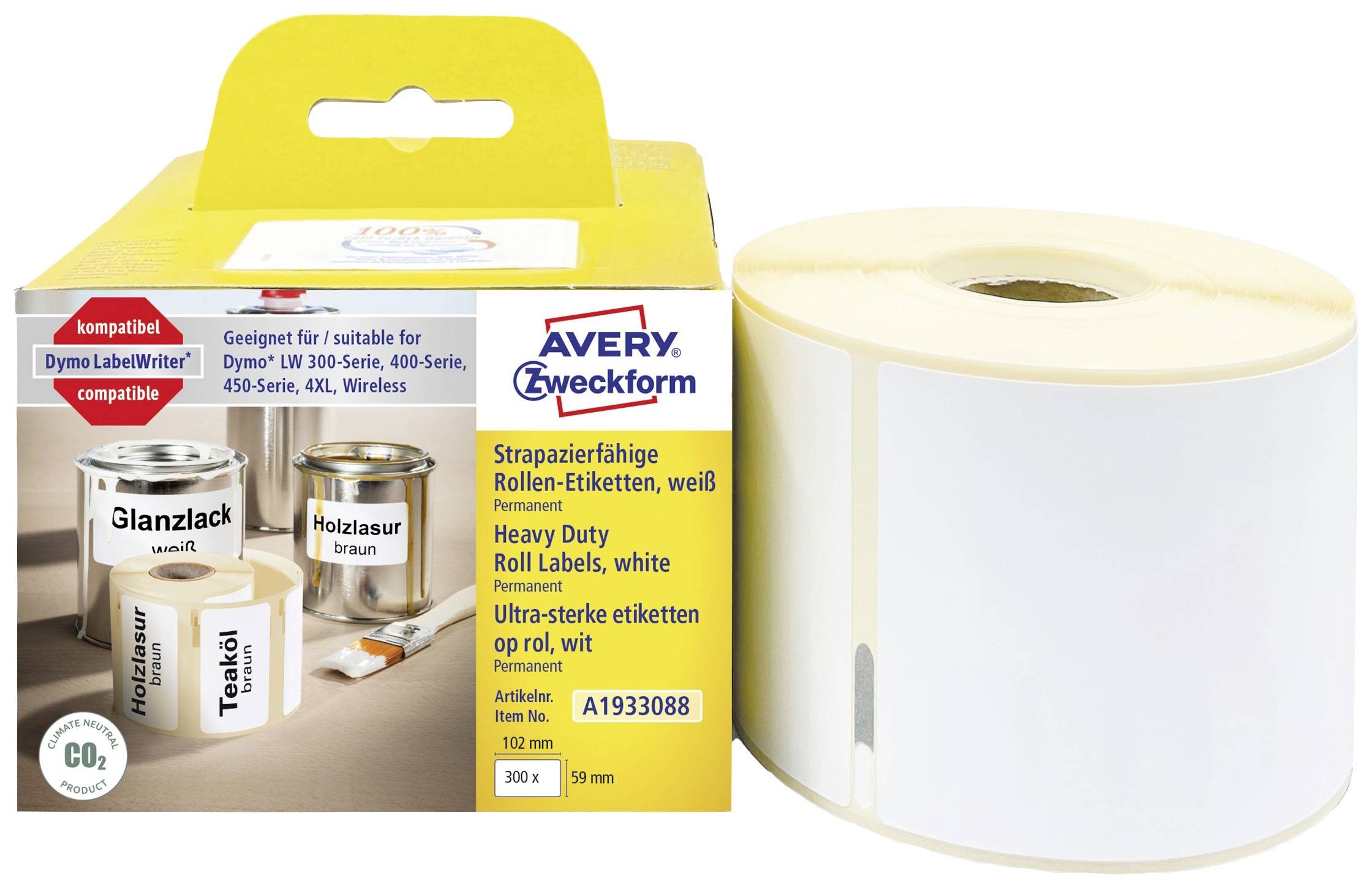 'Hardwearing Roll Labels, white, for Dymo LabelWriter. Compatible with Dymo 300-450, 4XL. 102 mm x 59 mm, 300 labels.'