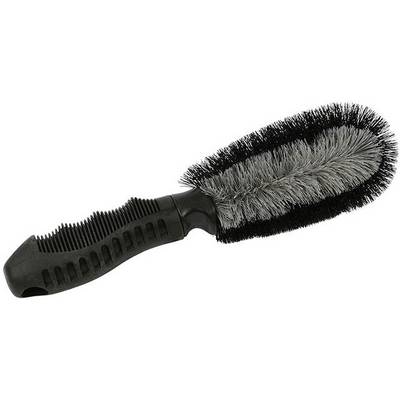 Black cleaning brush with ergonomic handle and dense bristles. Ideal for thorough cleaning of surfaces or vehicle parts.