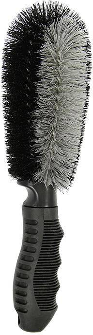 Black and grey cleaning brush with an ergonomic handle, suitable for cleaning surfaces and objects.