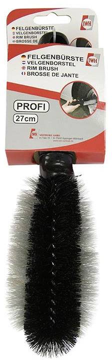 'Tyre Brush 27 cm' with black bristle head. Packaging displays brand logo and multilingual description. Ideal for wheel cleaning.