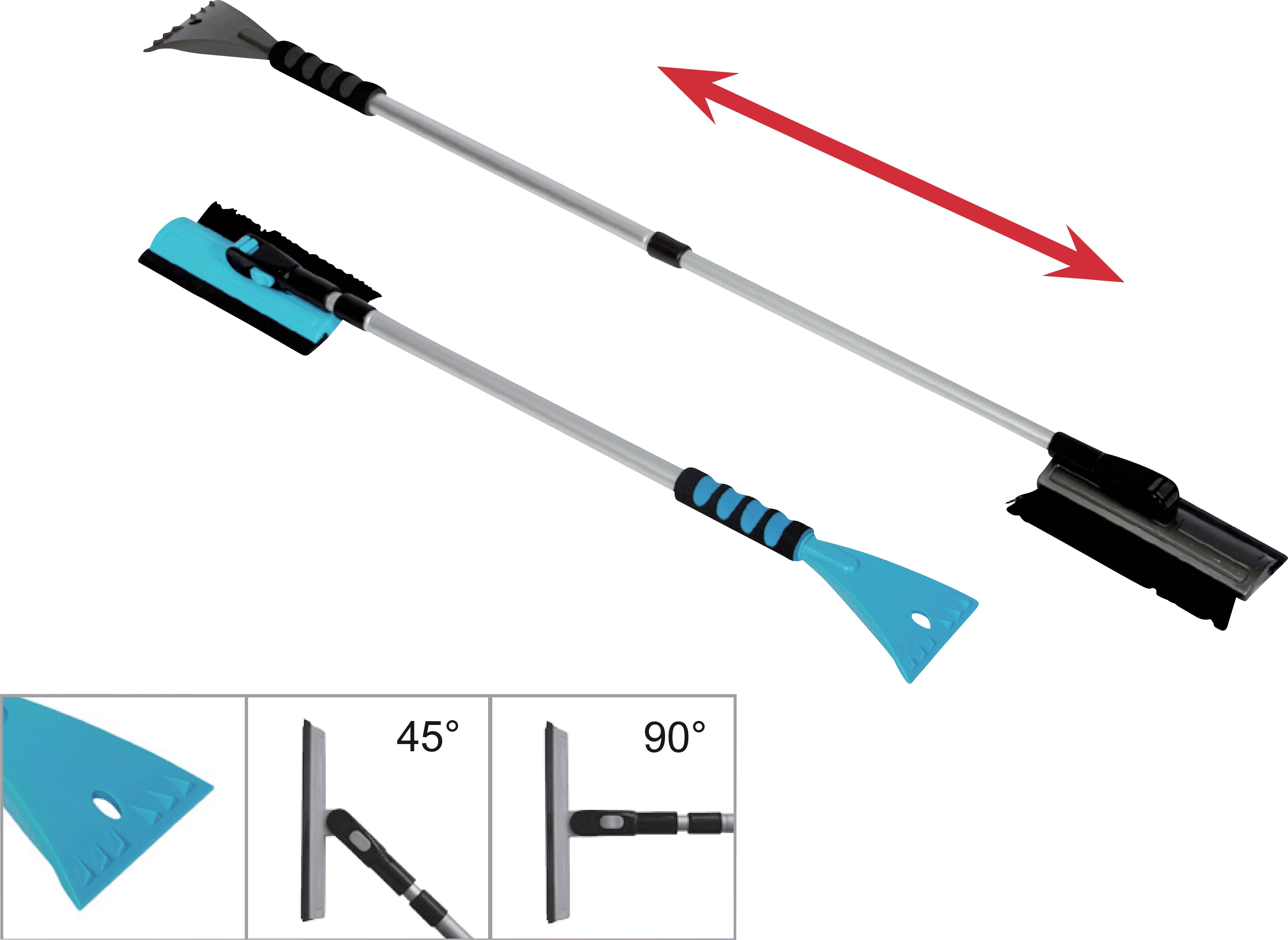 Telescope Ice Scraper with Adjustable Angle, Comprising Shovel and Windscreen Wiper. Extended Handle with 45° and 90° Options.