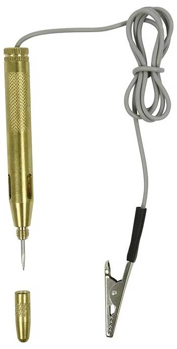 A brass electrical test light with a pointed probe, detachable cap, and alligator clip on a coiled wire, used for voltage testing.