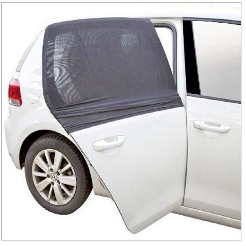 A sunshade cover is pulled over the open rear car door. It protects against sunrays and provides shade.