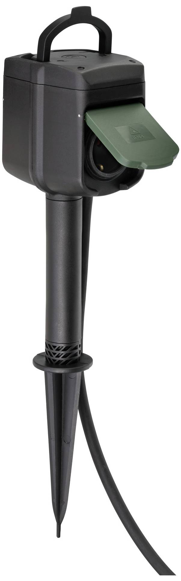 A black outdoor garden socket with earth stake and green lid. Suitable for use outdoors, with cable for electrical connection.