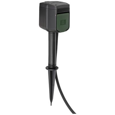 A black garden socket with an earth stake and a rounded, square cover. Suitable for outdoor use.
