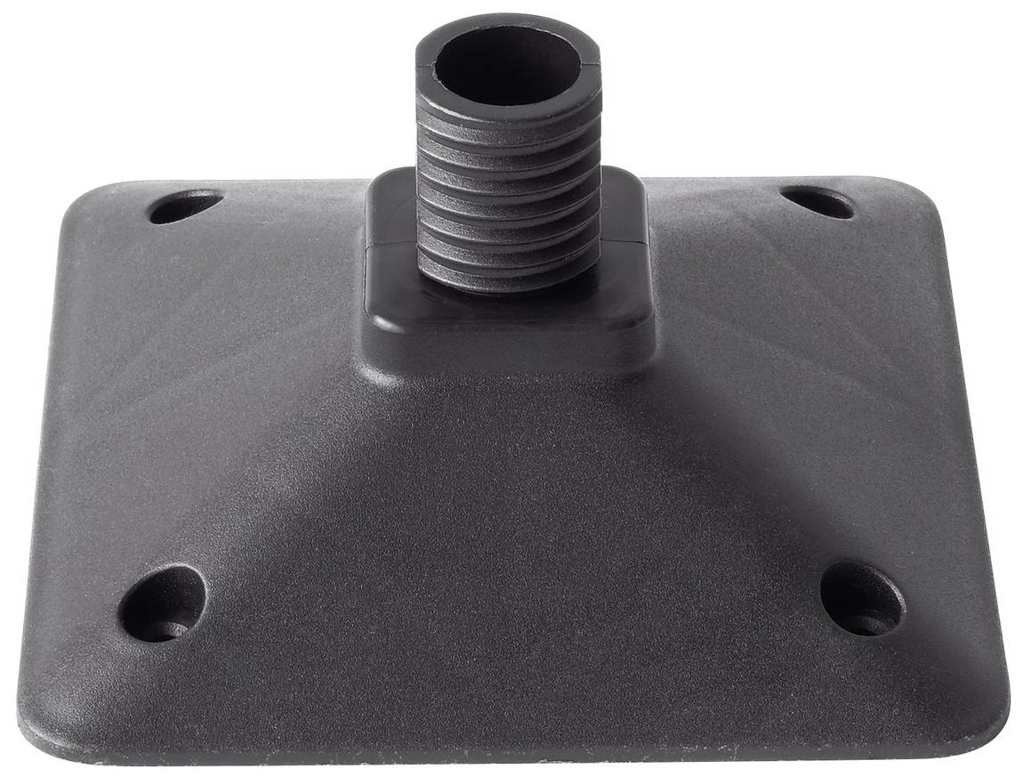 Black, square-shaped mounting bracket with four holes at the corners and a vertical, ribbed pipe in the centre.