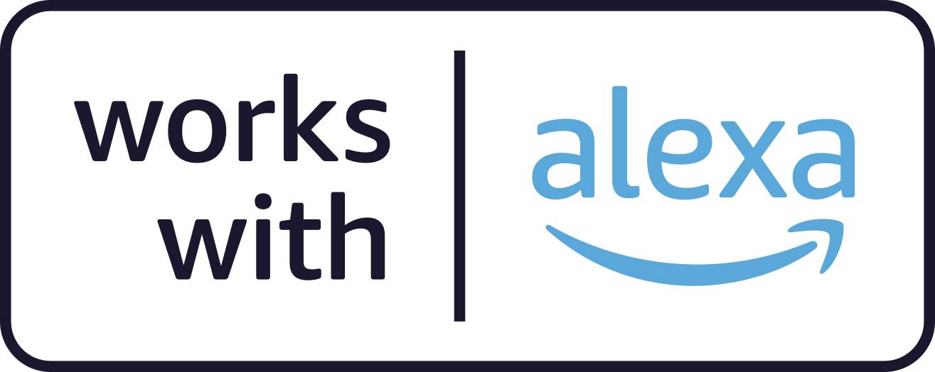 Logo featuring text 'works with Alexa', indicating compatibility with Alexa voice assistants.